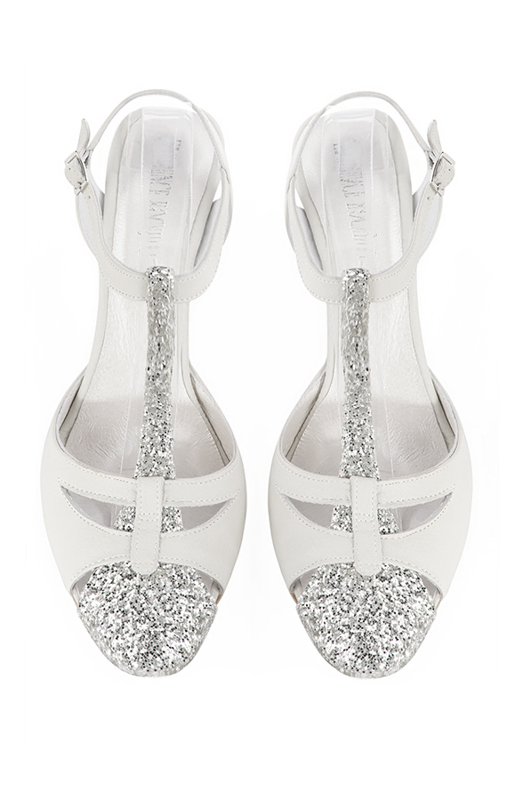 Light silver and off white women's open back T-strap shoes. Round toe. High slim heel. Top view - Florence KOOIJMAN